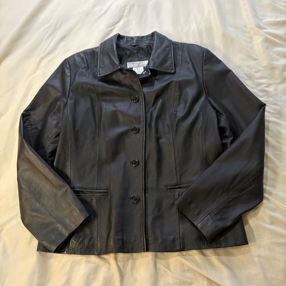 Tower Hill Collection Womens Black Leather‎ Button Front Blazer Jacket Size L